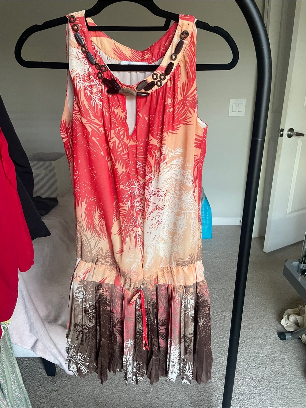 Tropical Print Sleeveless Drop-Waist Dress in Coral and Brown